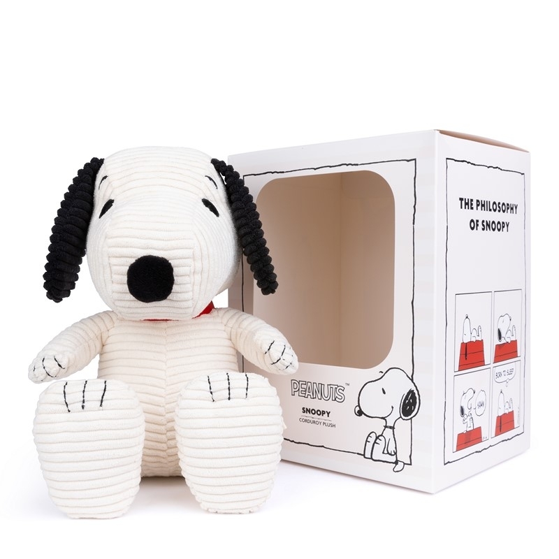 Peluche Snoopy assis en velours côtelé crème - Boîte cadeau - 27 cm