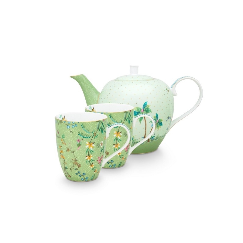 Coffret service à thé 2 grands mugs 350ml & théière 1,6L fleurs Jolie vert
