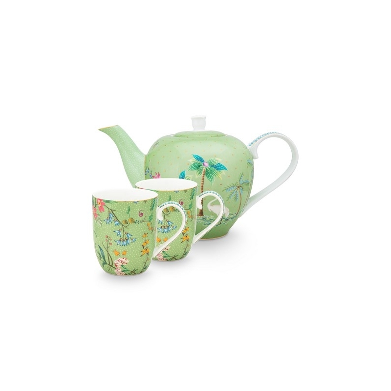 Coffret service à thé 2 petits mugs 145ml et théière S fleurs Jolie vert