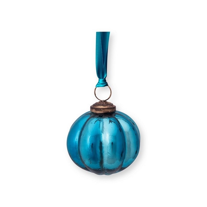 Déco de noël Boule en verre avec ruban - Bleu - 7,5cm